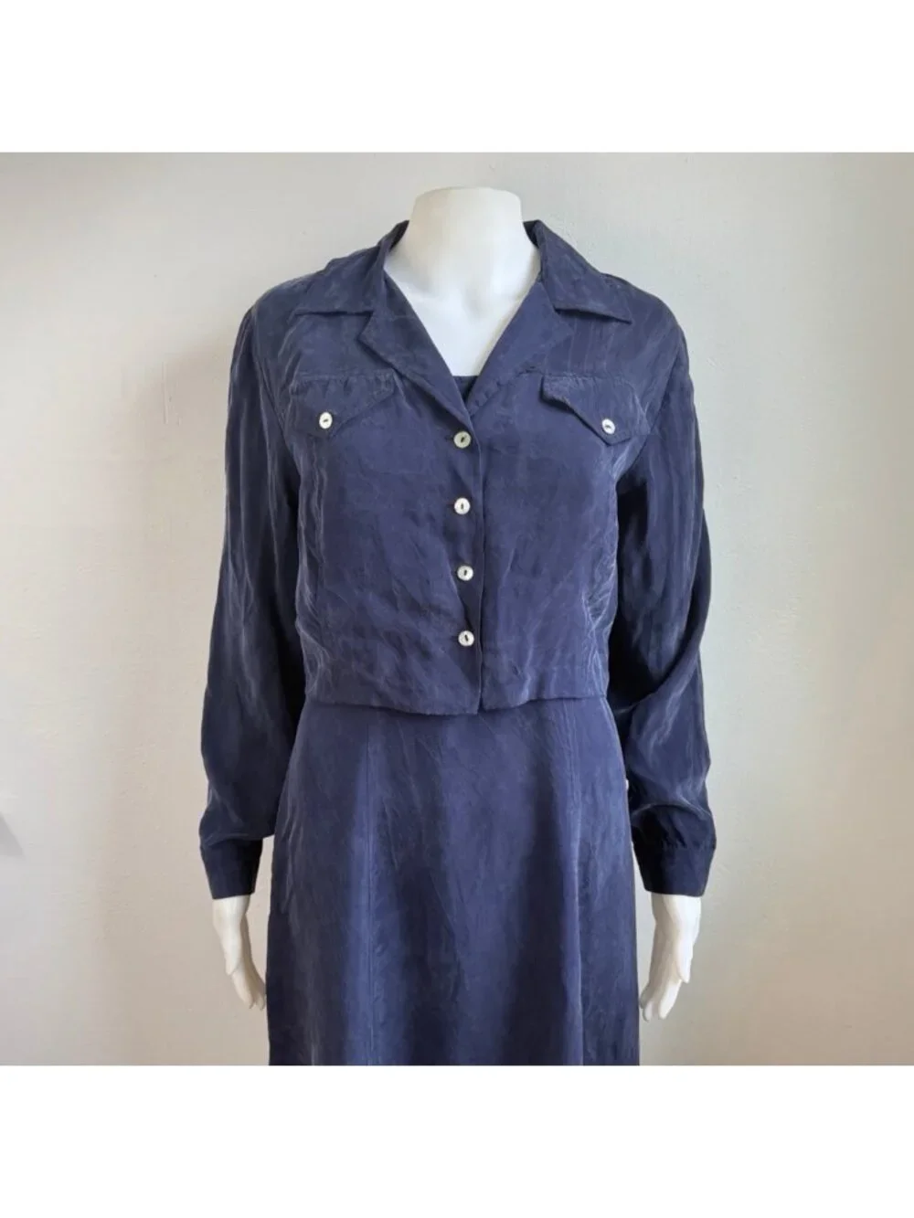 Vintage Dark Blue Dress & Top Set Size Small 90s Bember Rayon Co Ord Oufit Set